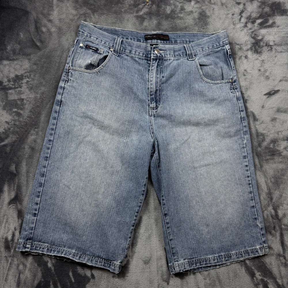 FUBU Denim Shorts Mens 38 Blue Baggy Embroidered Logo Y2K Hip Hop Streetwear